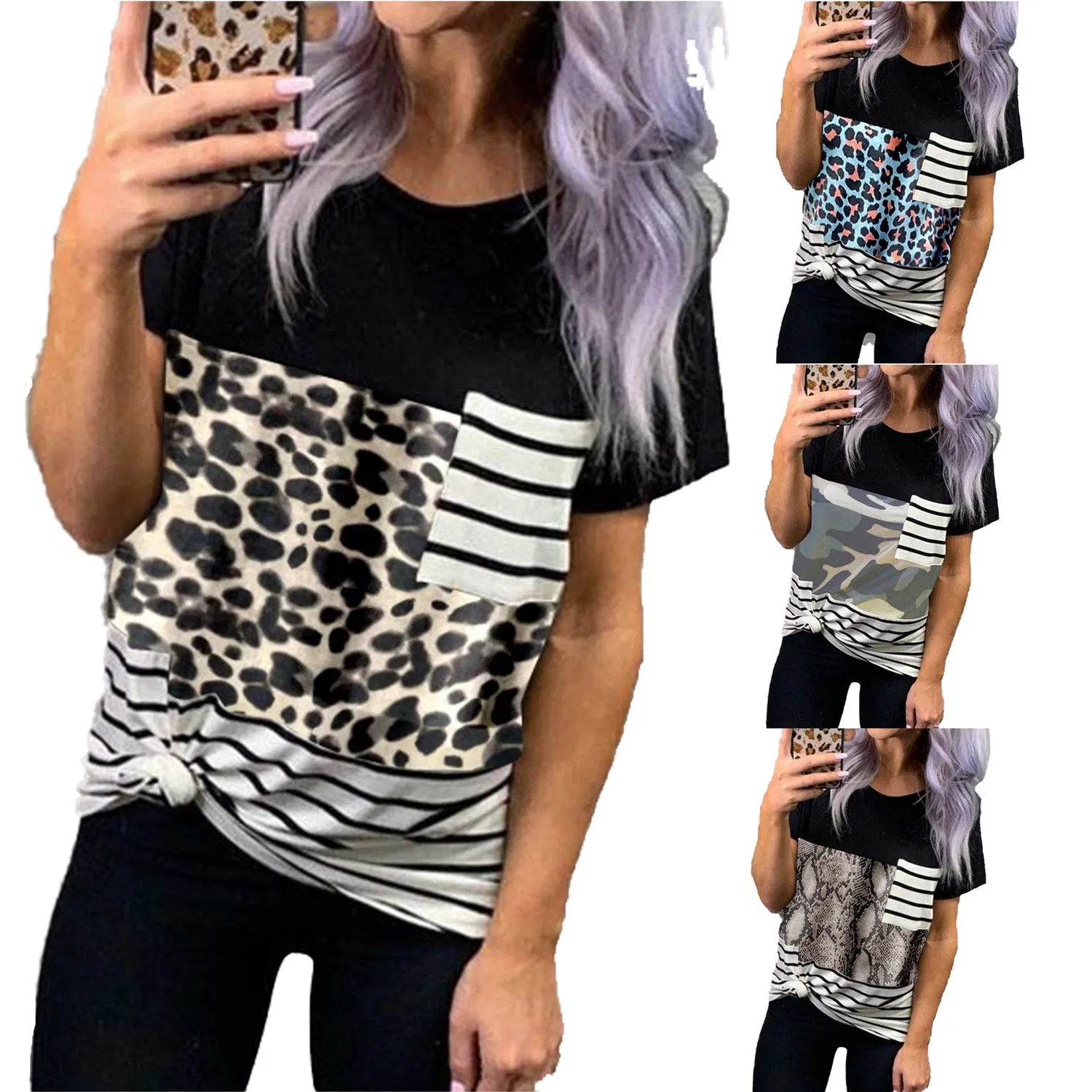 Sommer-Pullover mit rundem Kragen, Leopardenmuster, Patchwork-Hemd, kurze Ärmel, Damen